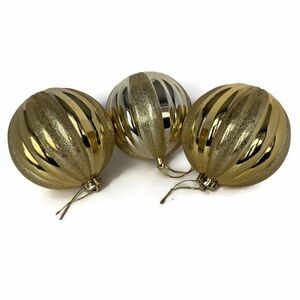 Gold Jumbo Glitter and Metallic Striped Holiday Ornaments Lot of 3
